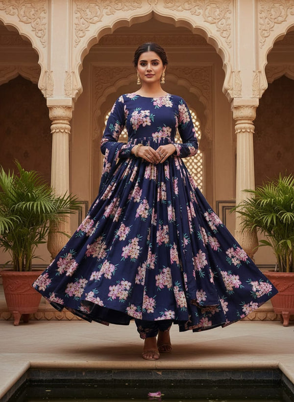 Navy Frangipani Floral Clusters Rayon Digital Printed Fabric - Anarkali Kurta Set Lookbook - RA-0-TA07525-110 - alternate view