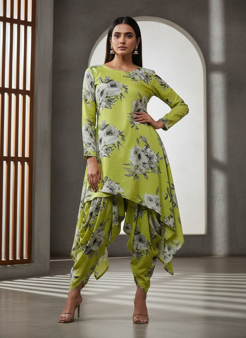 Green Grey & White Floral Rayon Digital Printed Fabric