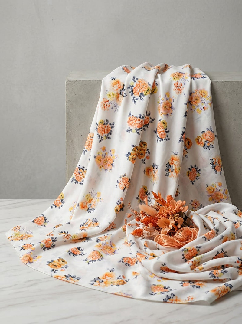 White Orange Rose Bouquet Floral Print Rayon Digital Printed Fabric