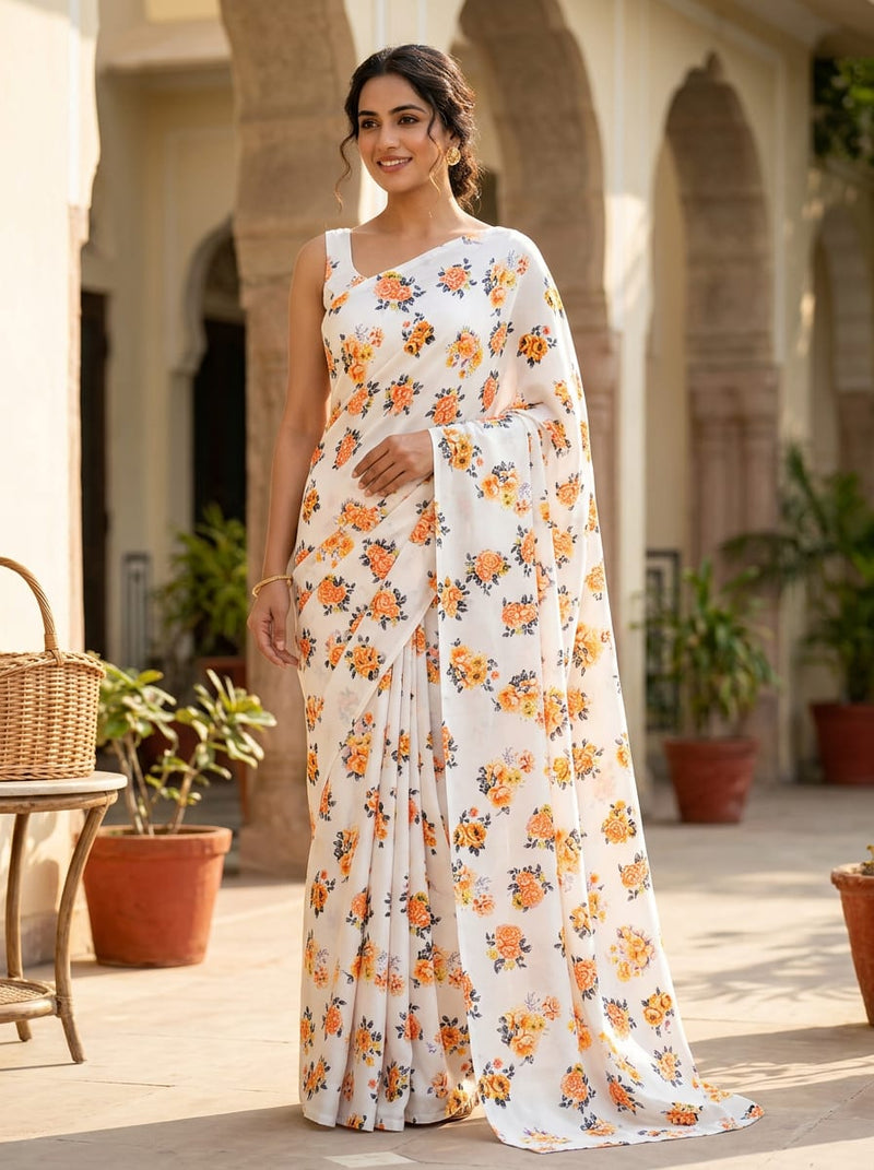 White Orange Rose Bouquet Floral Print Rayon Digital Printed Fabric