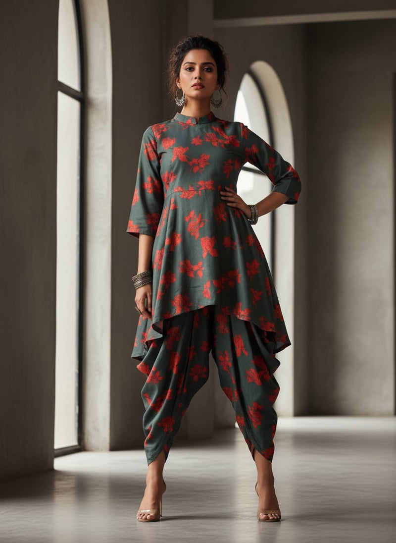 Grey Bold Red Floral Rayon Digital Printed Fabric