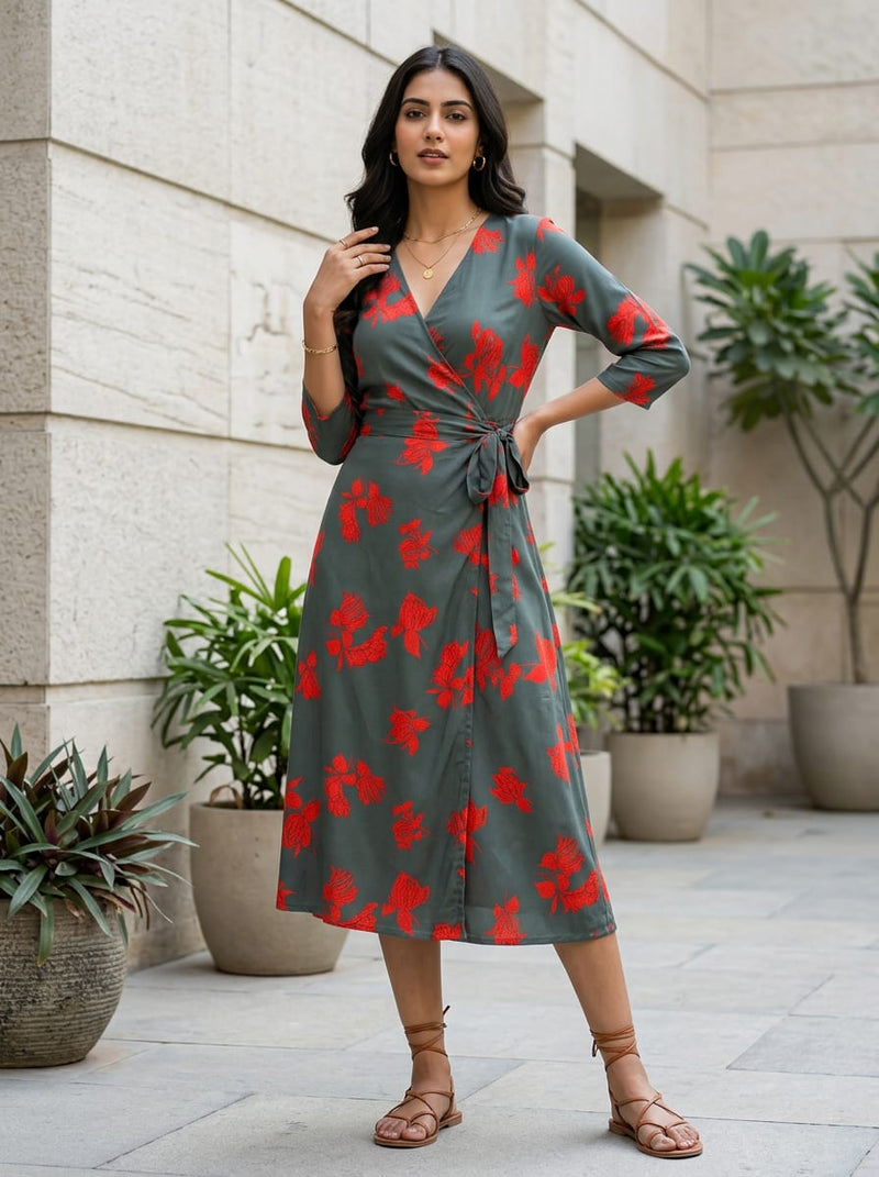 Grey Bold Red Floral Rayon Digital Printed Fabric