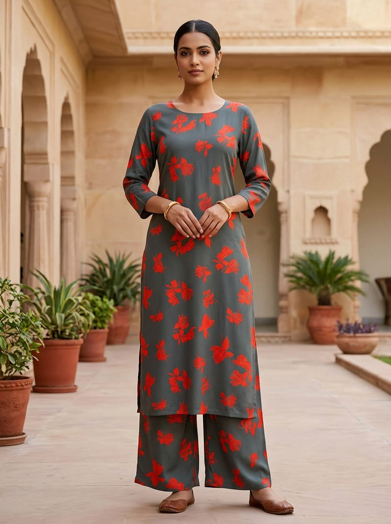 Grey Bold Red Floral Rayon Digital Printed Fabric
