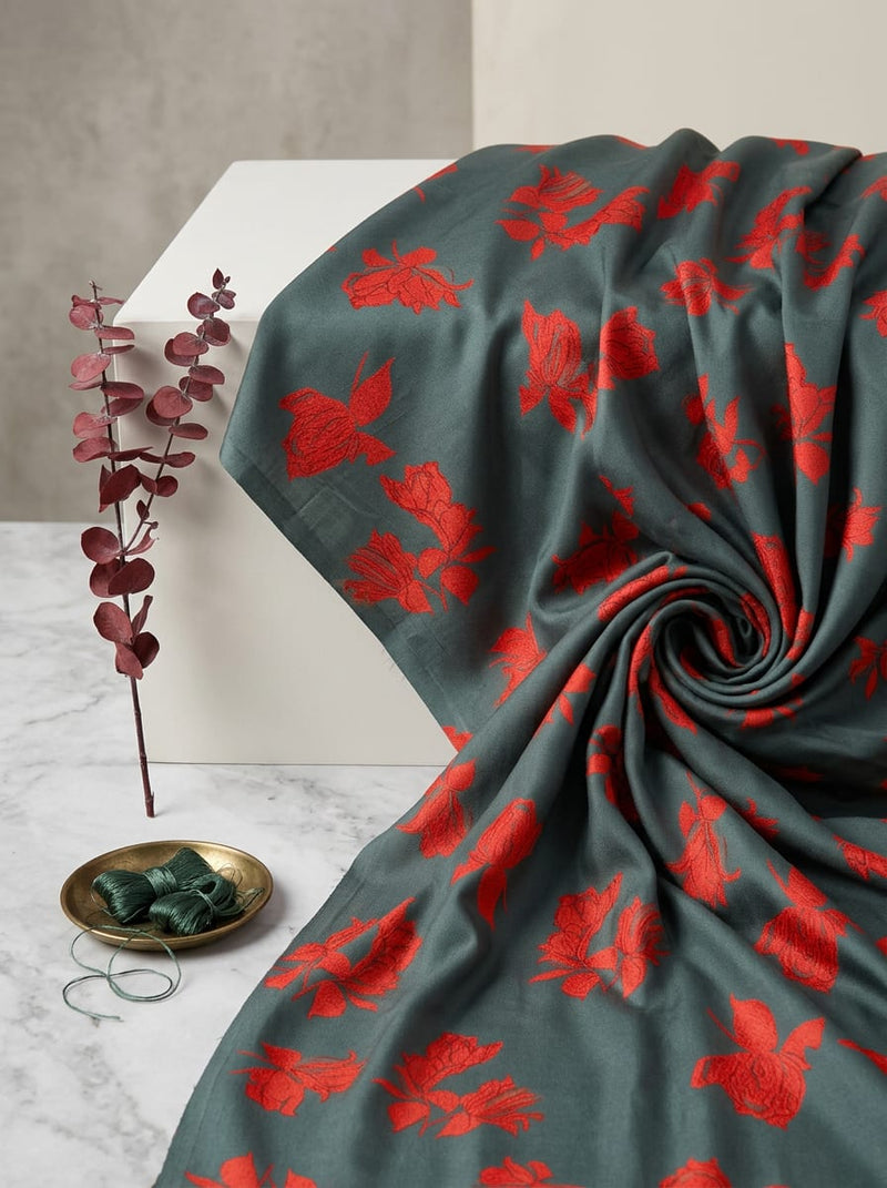 Grey Bold Red Floral Rayon Digital Printed Fabric