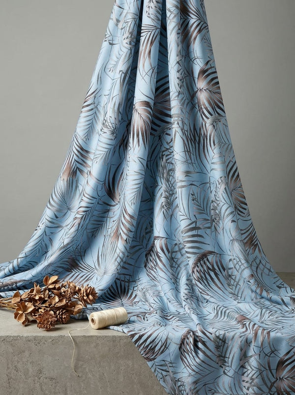 Blue Tropical Palm Leaves Print Rayon Digital Printed Fabric - Fabric Editorial Studio Flatlay Lookbook - RA-0-TA08896-110