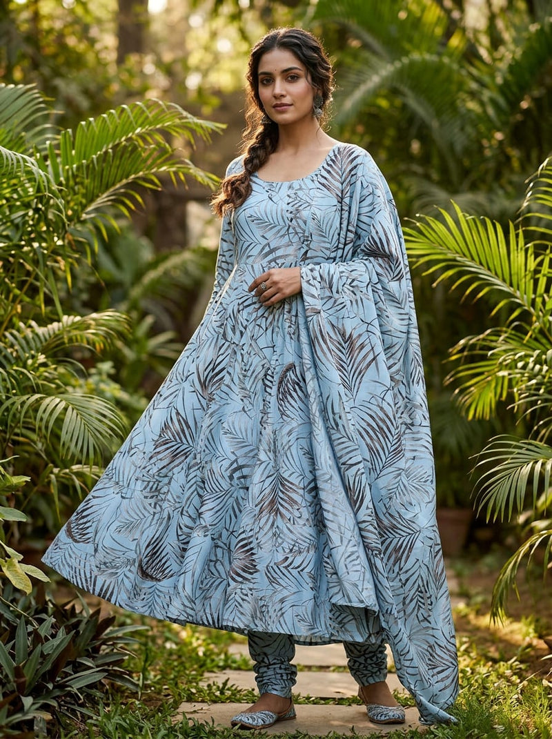 Blue Tropical Palm Leaves Print Rayon Digital Printed Fabric