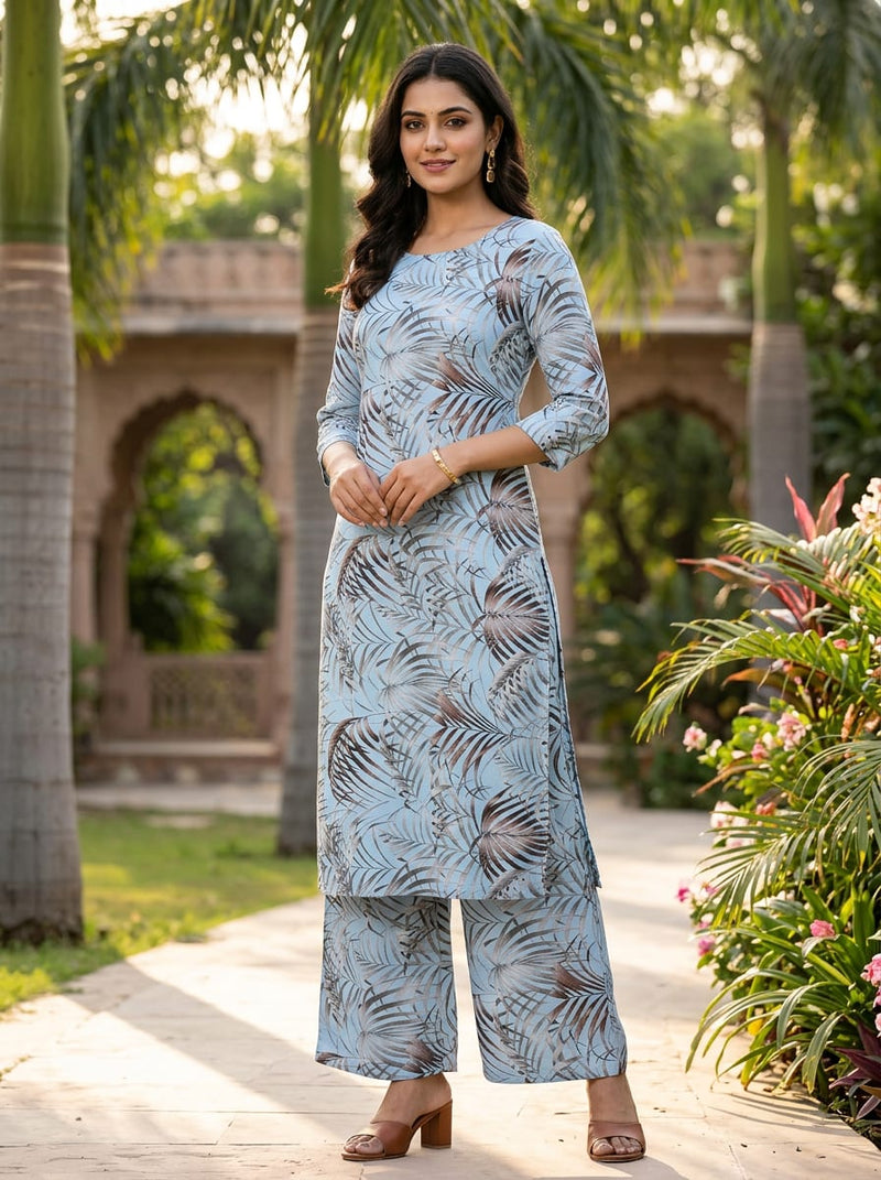 Blue Tropical Palm Leaves Print Rayon Digital Printed Fabric