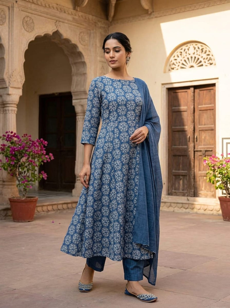 Blue Ethnic Medallion Kora Silk Digital Printed Fabric