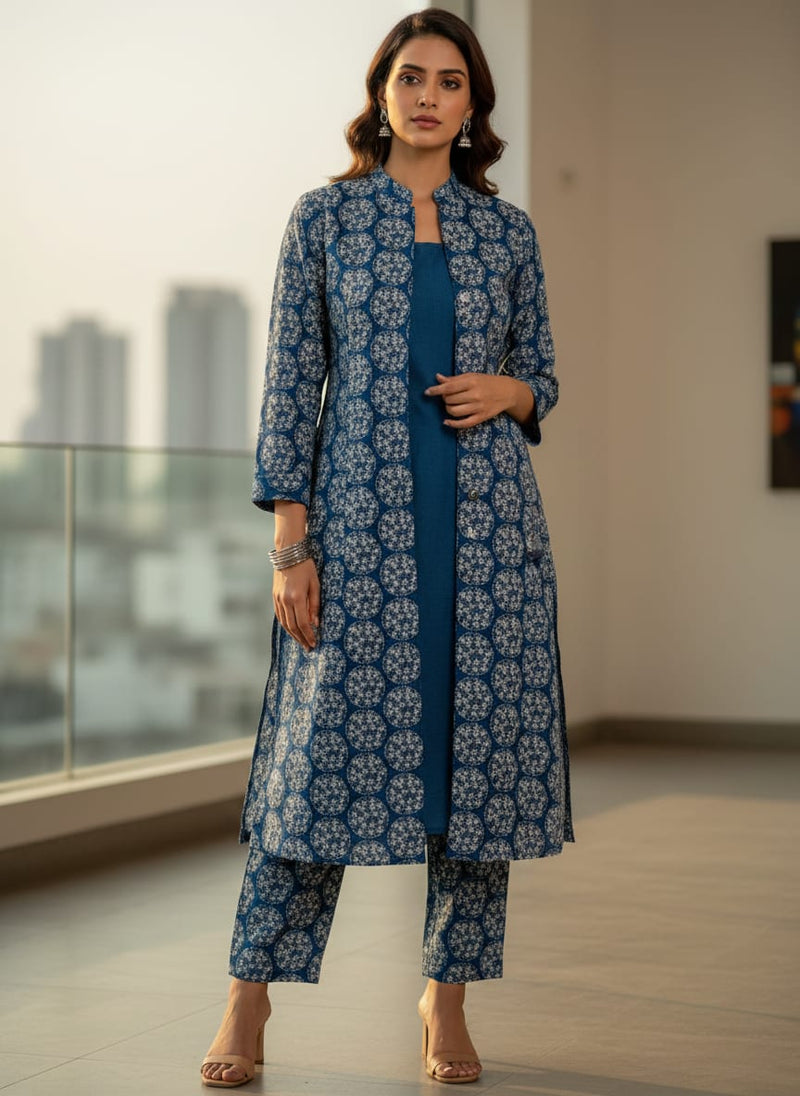 New Multi Round Star Blue Digital Printed Fabric - Kora Silk