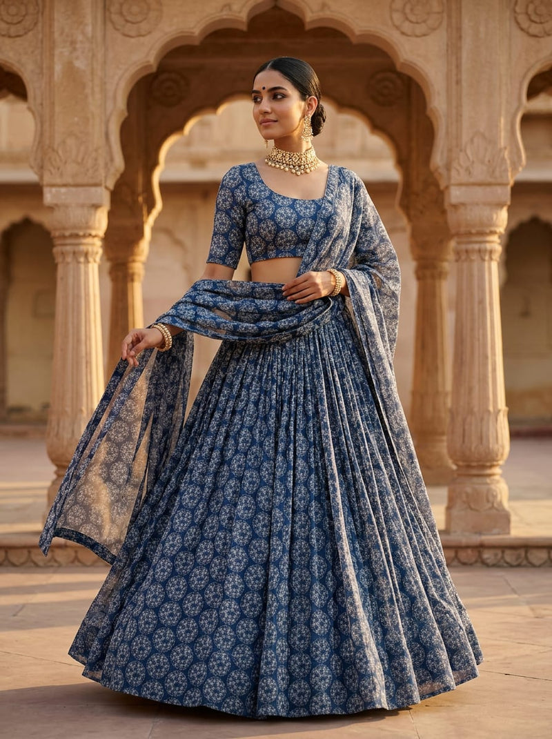 Blue Ethnic Medallion Kora Silk Digital Printed Fabric