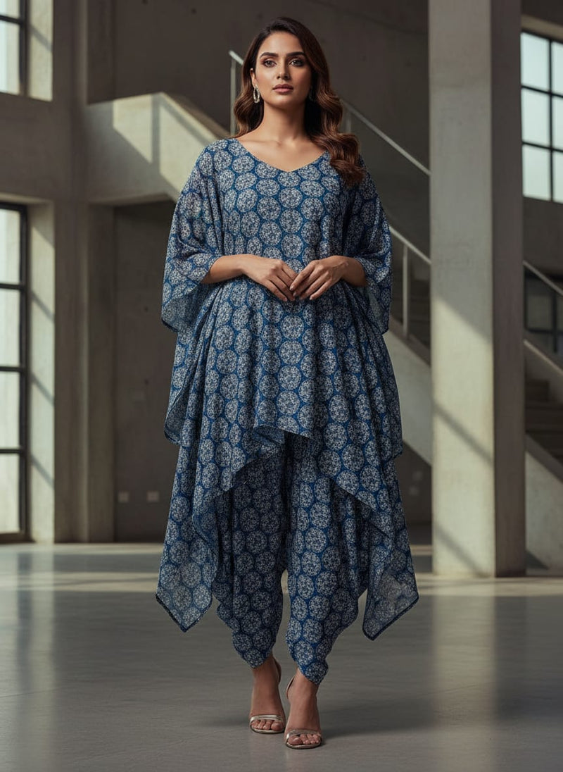 New Multi Round Star Blue Digital Printed Fabric - Rayon