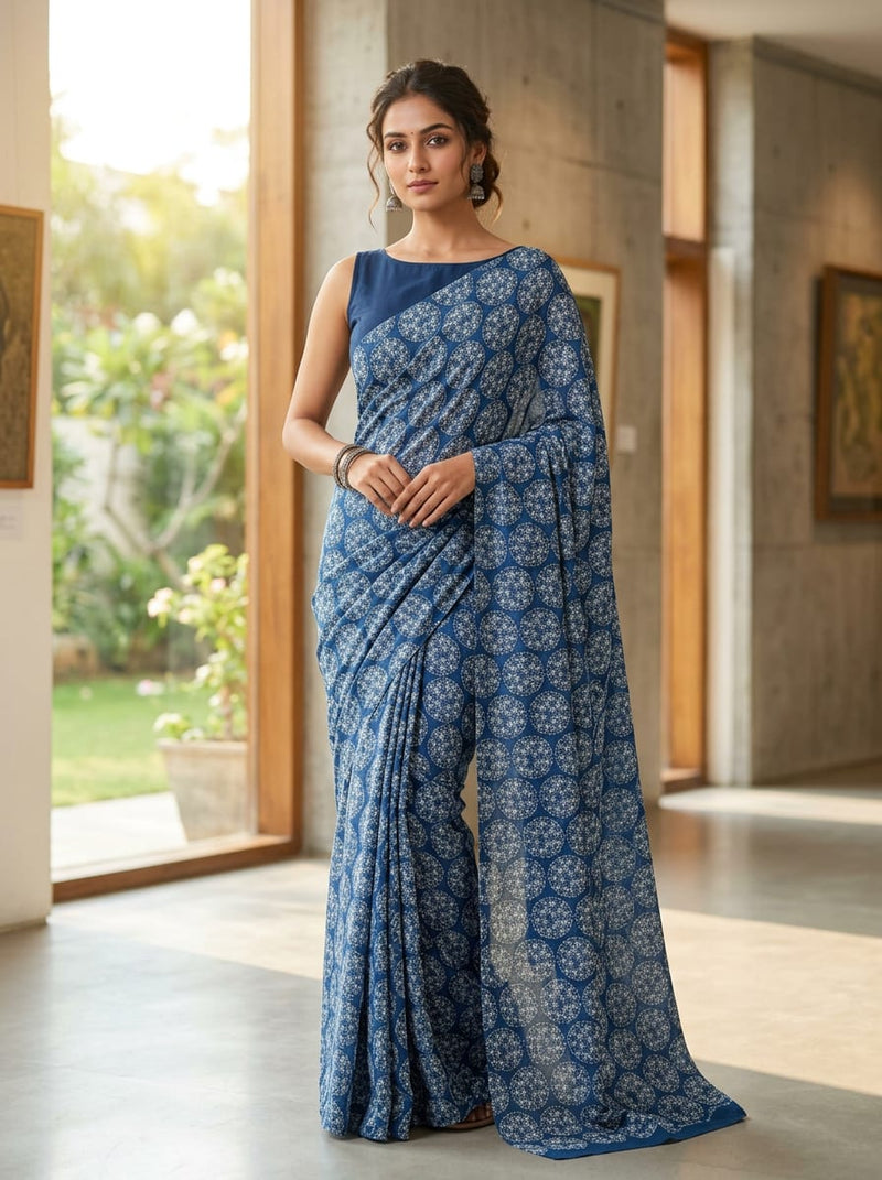 Blue Ethnic Geometric Medallion Rayon Digital Printed Fabric