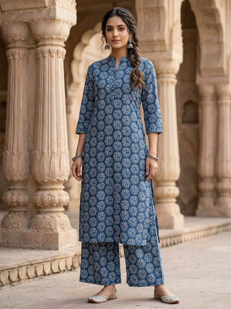 Blue Ethnic Starburst Medallion Pure Muslin Digital Printed Fabric