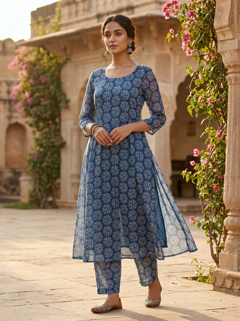Blue Ethnic Starburst Medallion Pure Muslin Digital Printed Fabric