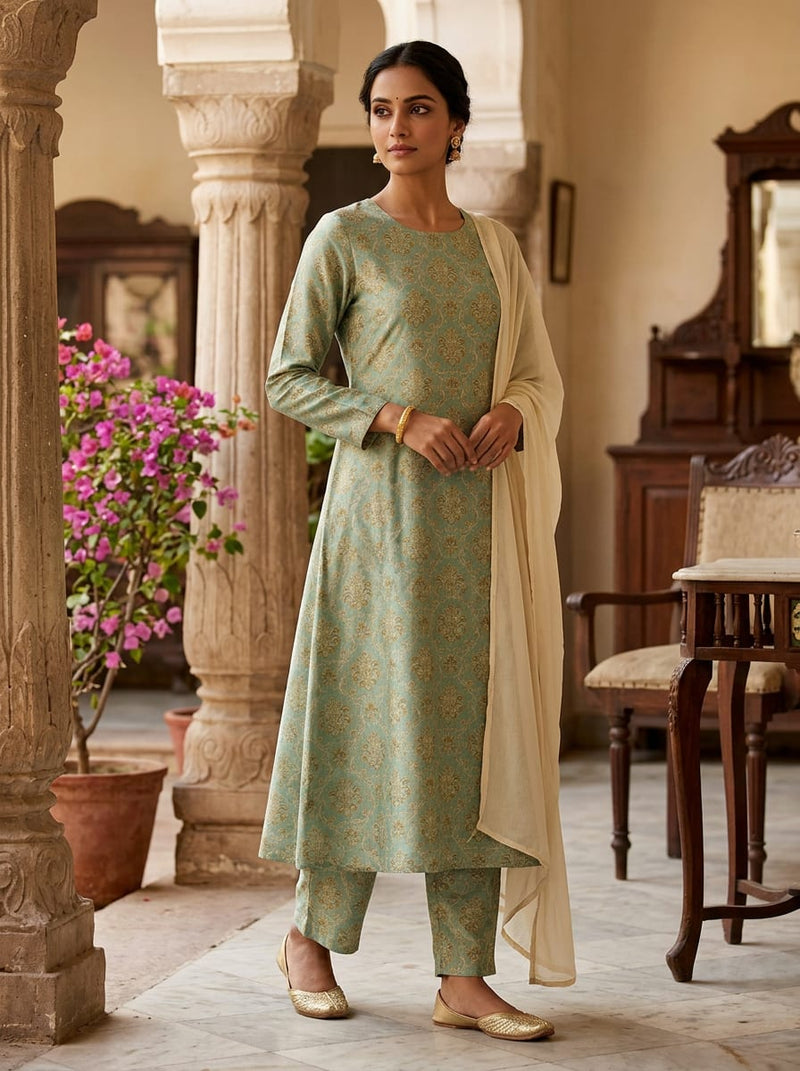 Teal Ethnic Damask Pattern Kora Silk Digital Printed Fabric