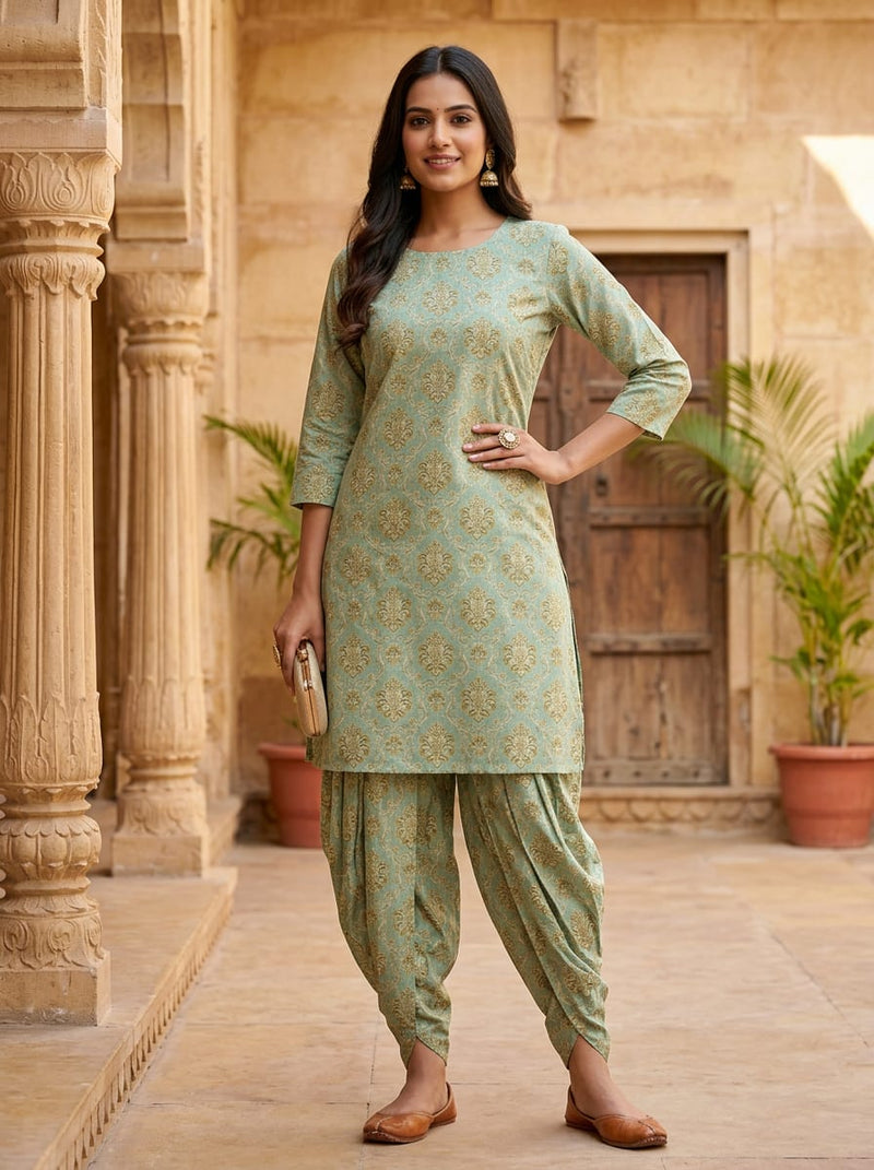 Teal Vintage Ethnic Damask Pure Cotton Digital Printed Fabric
