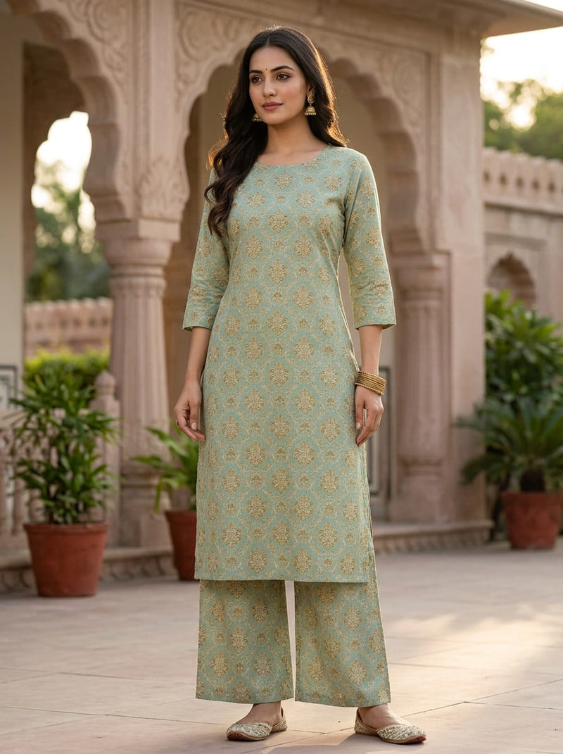 Teal Vintage Ethnic Damask Pure Cotton Digital Printed Fabric