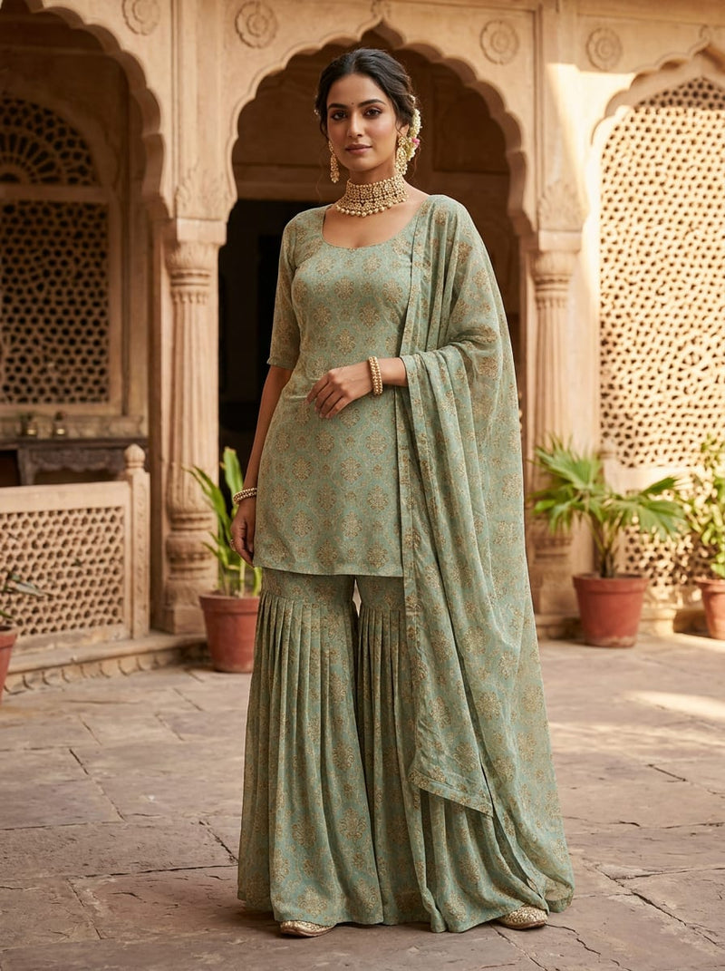 Teal Royal Damask Pattern Pure Georgette Digital Printed Fabric