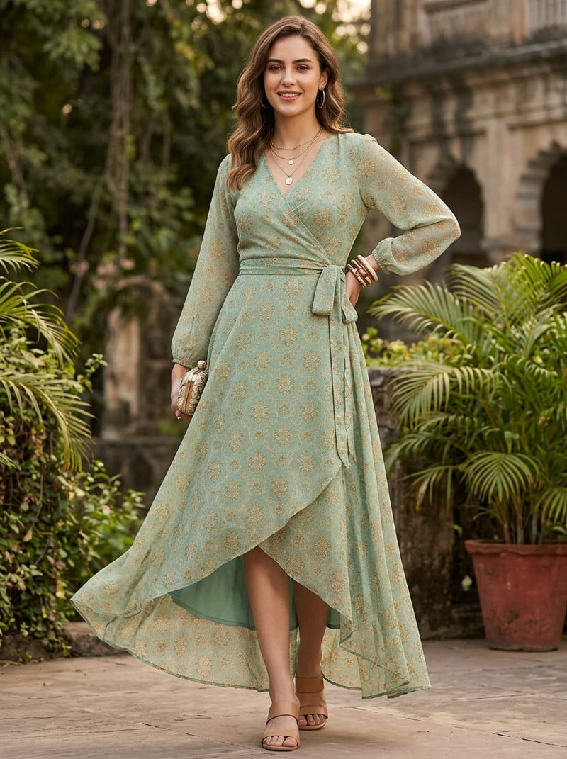 Teal Royal Damask Pattern Pure Georgette Digital Printed Fabric