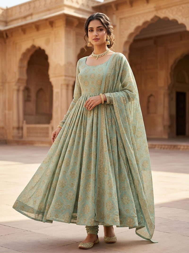 Teal Royal Damask Pattern Pure Georgette Digital Printed Fabric