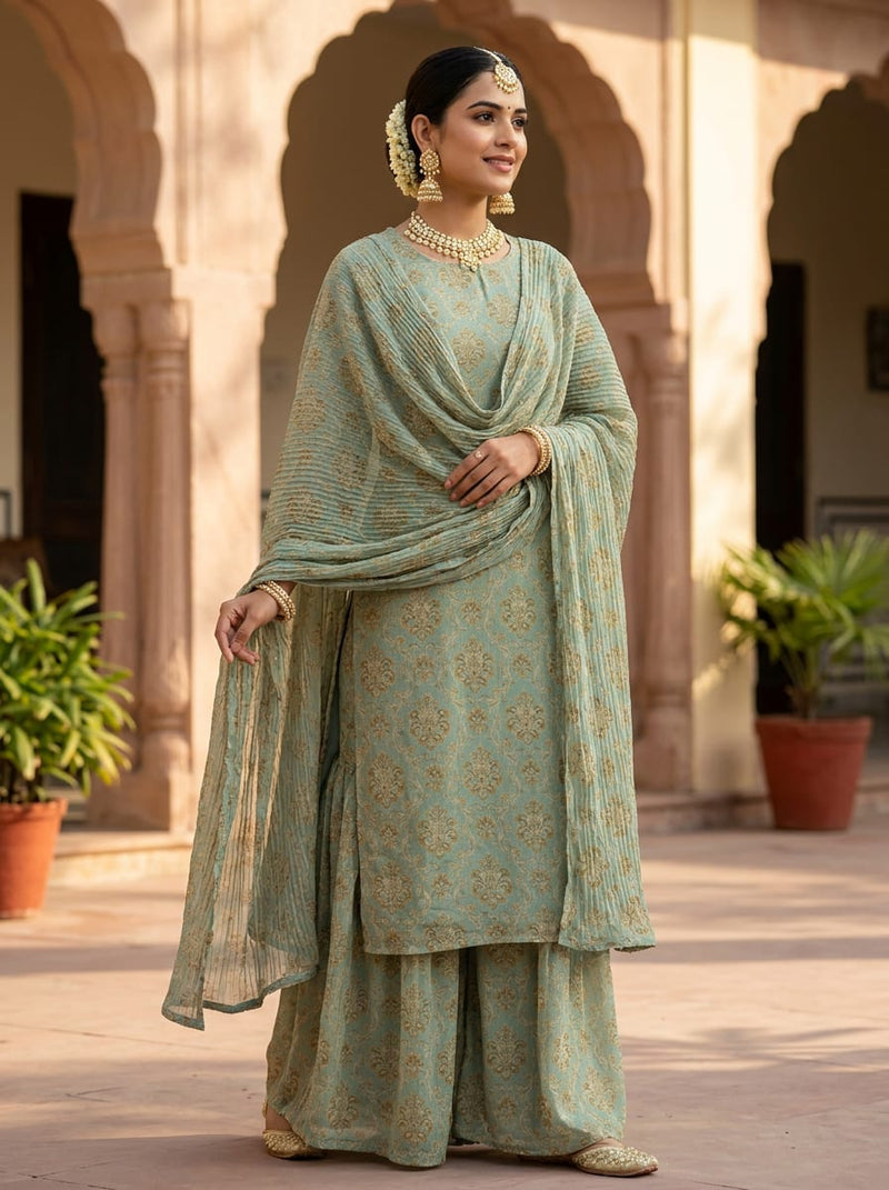 Teal Royal Damask Pattern Pure Georgette Digital Printed Fabric