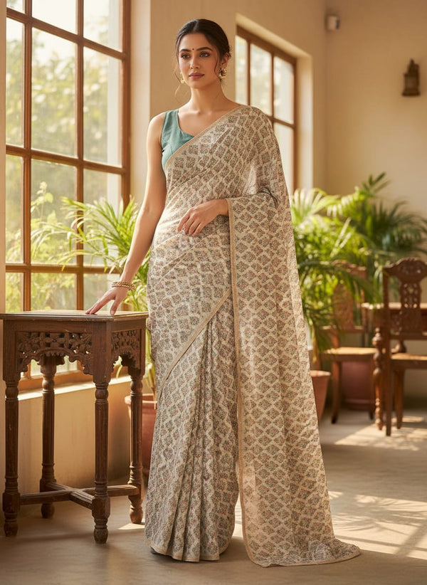 Tiny Leaves Triangle Shapes Digital Printed Fabric - Rayon - Saree Lookbook - RA-0-MA0643-110 - alternate view