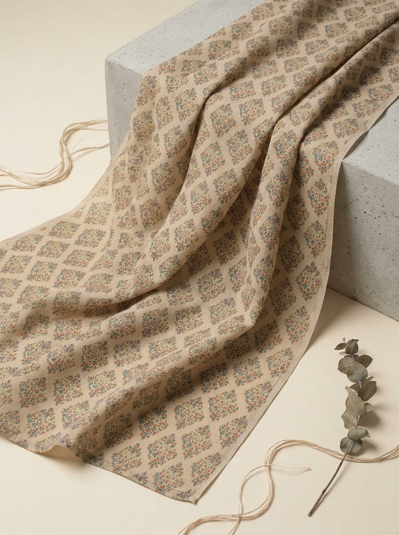 Cream Dainty Ethnic Damask Motif Pure Muslin Digital Printed Fabric