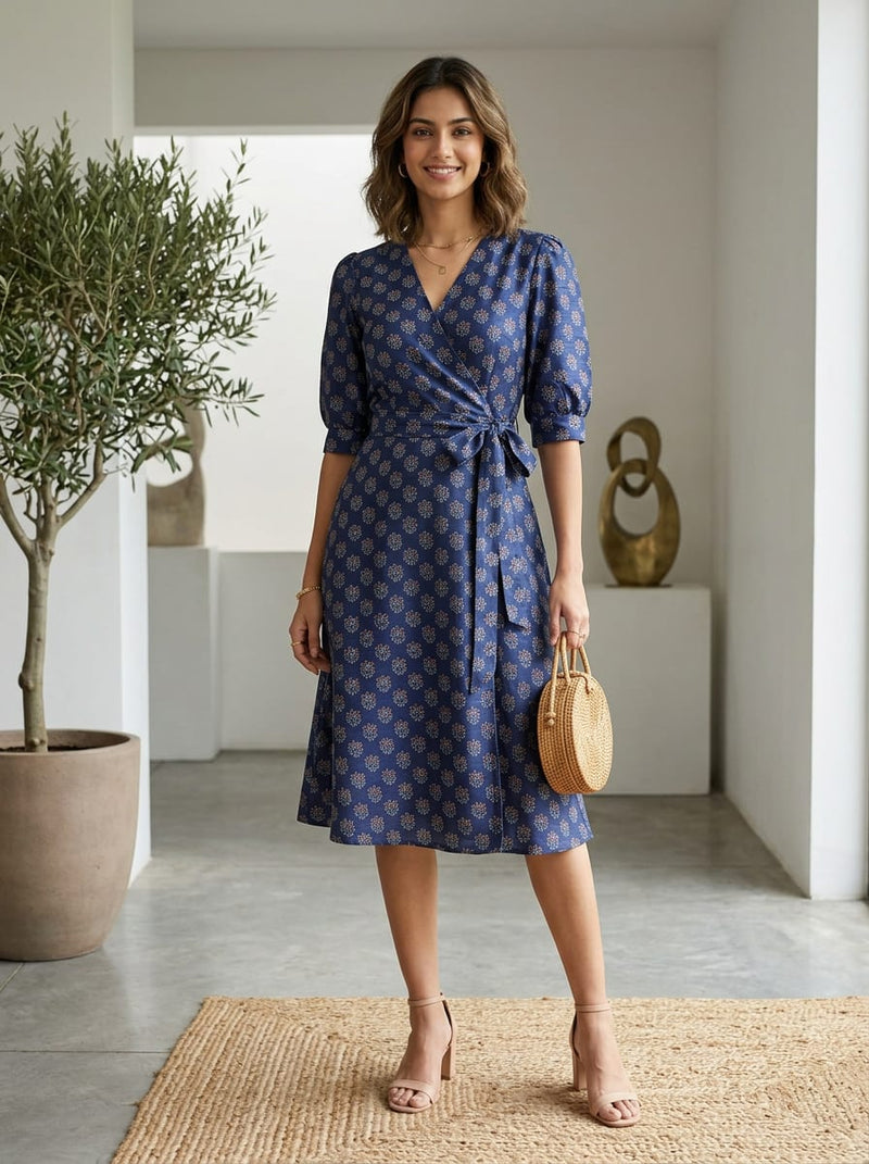 Navy Dainty Ethnic Botanical Motif Tusser Silk Digital Printed Fabric