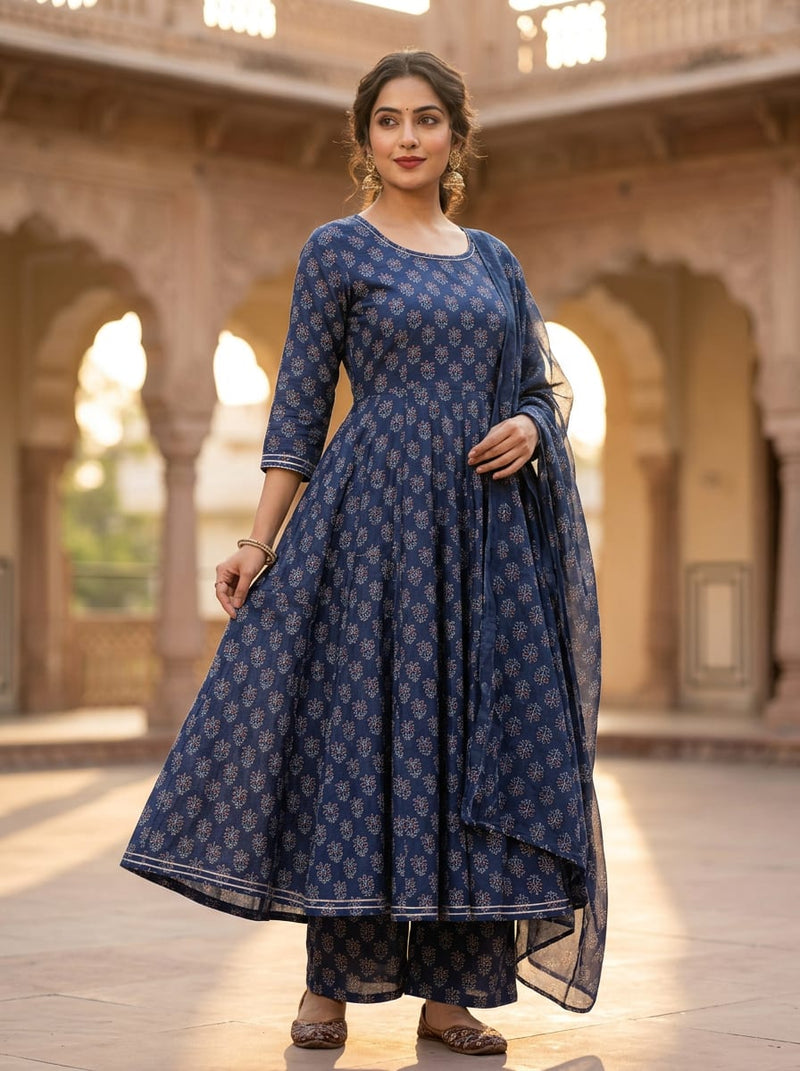 Navy Dainty Ethnic Botanical Motif Tusser Silk Digital Printed Fabric