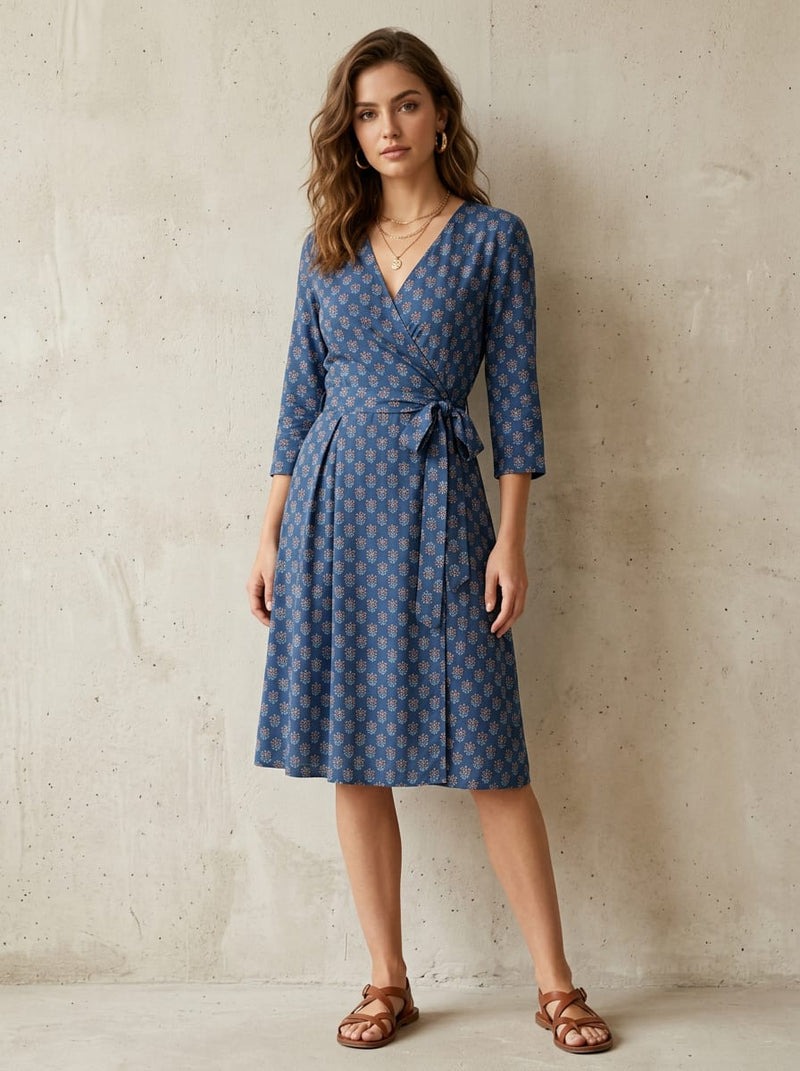 Blue Small Ethnic Botanical Motif Rayon Digital Printed Fabric