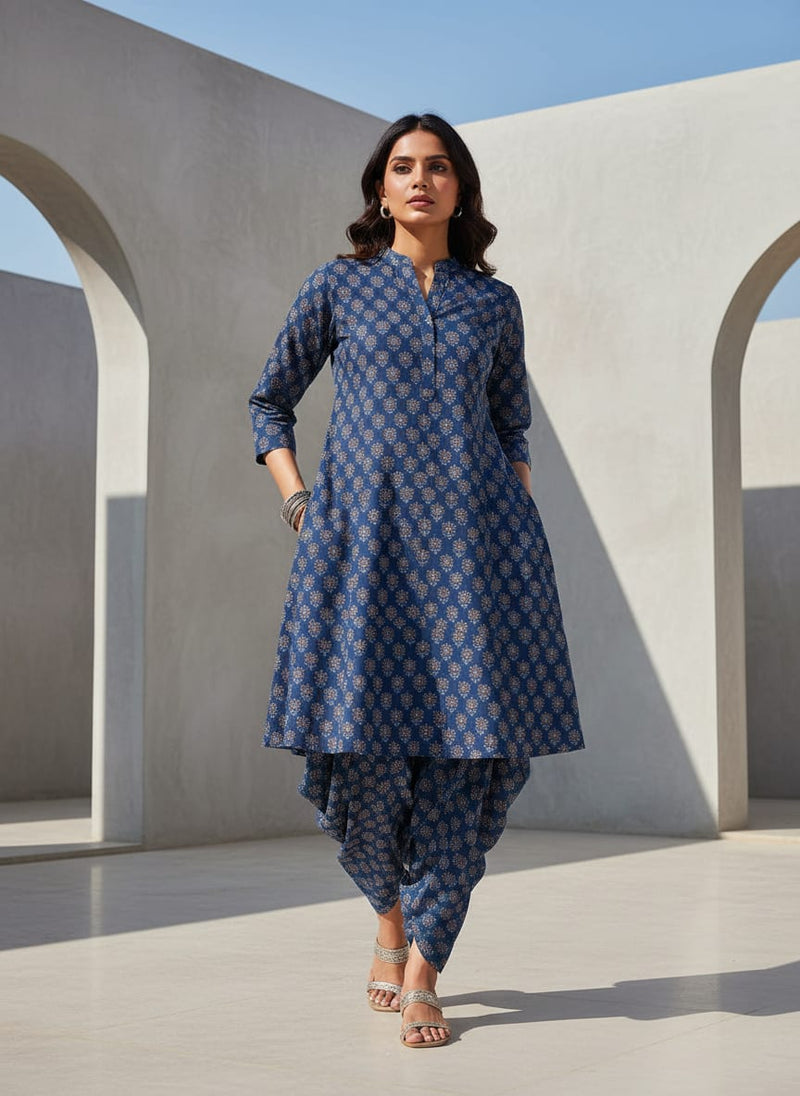 Blue Ethnic Botanical Motif Pure Cotton Digital Printed Fabric