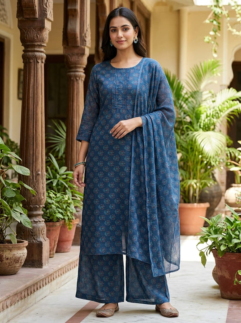 Blue Ethnic Botanical Leaf Print Pure Muslin Digital Printed Fabric