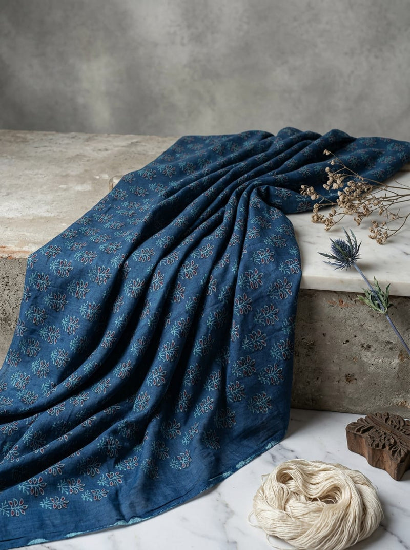 Blue Ethnic Botanical Leaf Print Pure Muslin Digital Printed Fabric