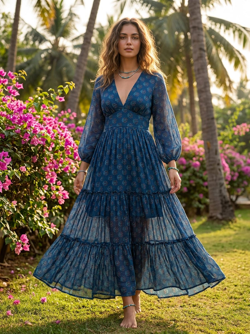 Blue Ethnic Botanical Leaf Print Pure Muslin Digital Printed Fabric