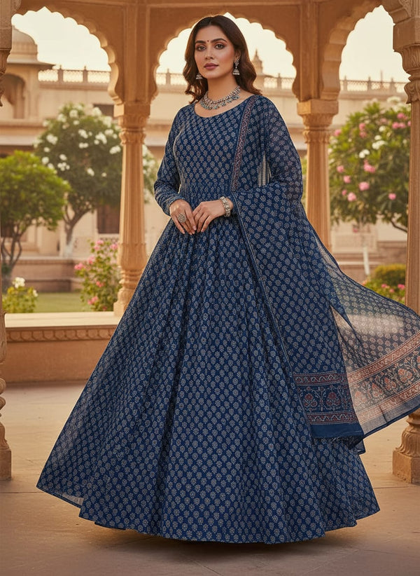 Lovely Blue Port Tree Leaves Digital Printed Fabric - Pure Georgette - Anarkali Kurta Set Lookbook - PG-0-MA0669-110 - alternate view