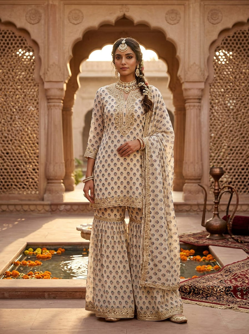 Cream Small Ethnic Floral Buti Pure Georgette Digital Printed Fabric