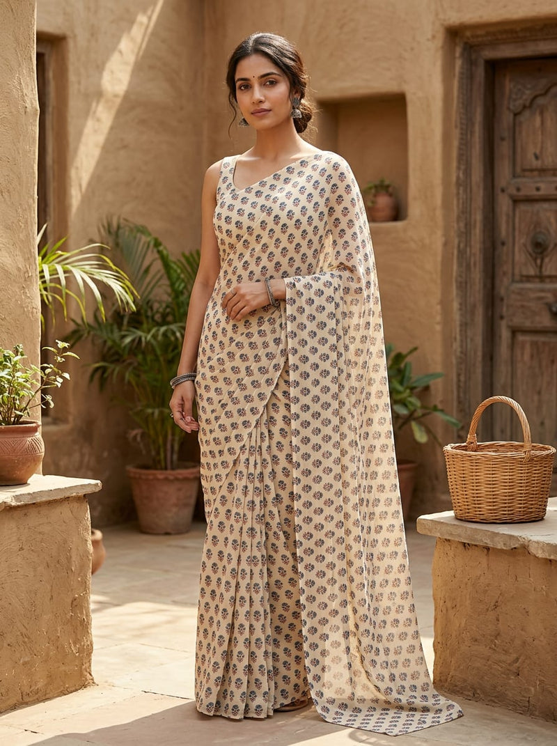 Cream Small Ethnic Floral Buti Pure Georgette Digital Printed Fabric