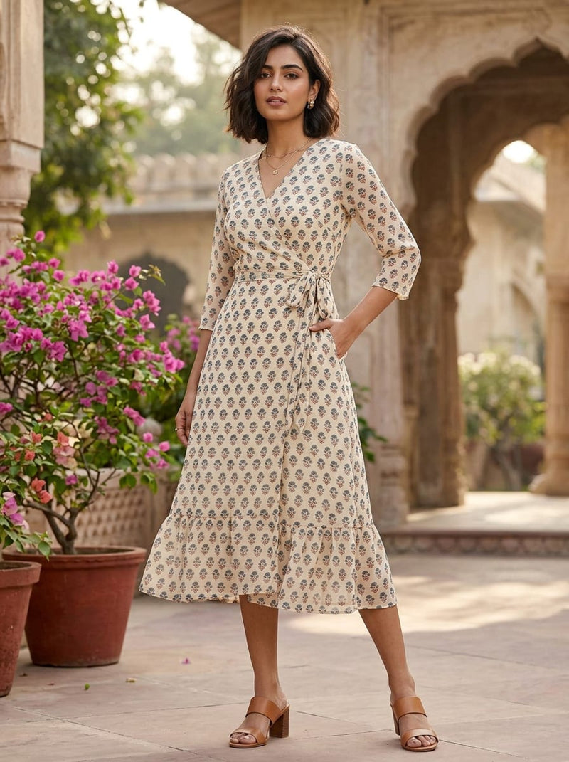 Cream Small Ethnic Floral Buti Pure Georgette Digital Printed Fabric