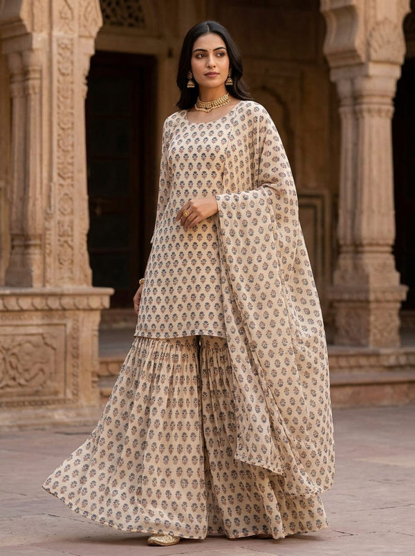 Cream Small Ethnic Floral Buti Pure Georgette Digital Printed Fabric - Sharara Set Lookbook - PG-0-MA0682-110 - alternate view