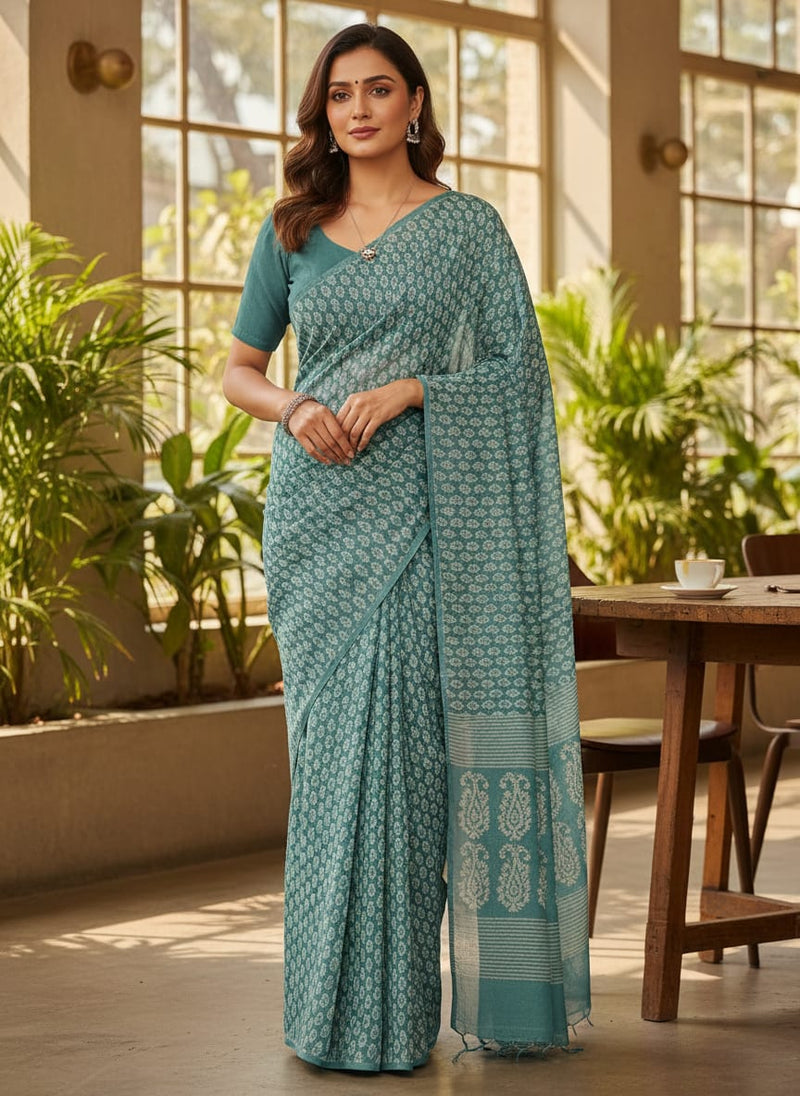Morden Mango Leaves With Gumbo Colour Digital Printed Fabric - Kora Silk