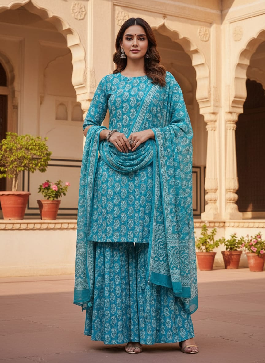 Blue Ethnic Paisley Pattern Weightless Digital Printed Fabric
