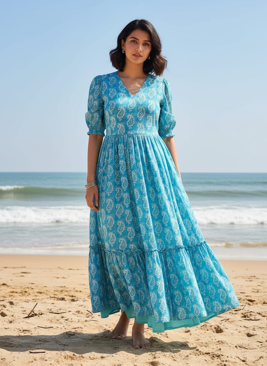 Blue Ethnic Paisley Pattern Weightless Digital Printed Fabric