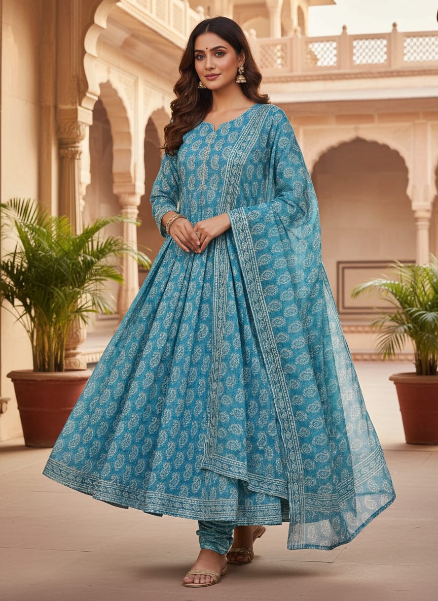 Blue Ethnic Paisley Pattern Weightless Digital Printed Fabric