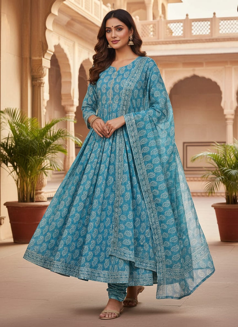 Blue Ethnic Paisley Pattern Weightless Digital Printed Fabric