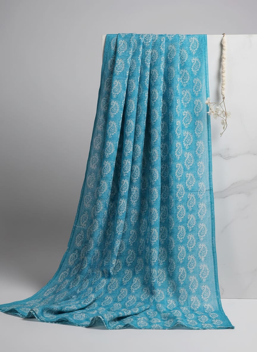 Blue Ethnic Paisley Pattern Weightless Digital Printed Fabric