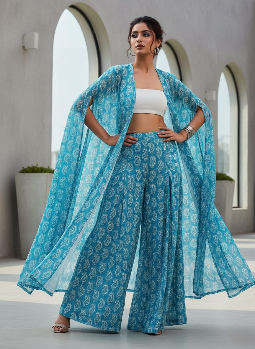 Blue Ethnic Paisley Pattern Weightless Digital Printed Fabric