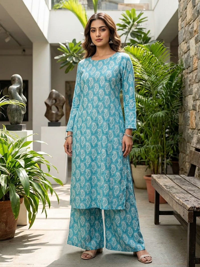 Teal Small Ethnic Paisley Rayon Digital Printed Fabric