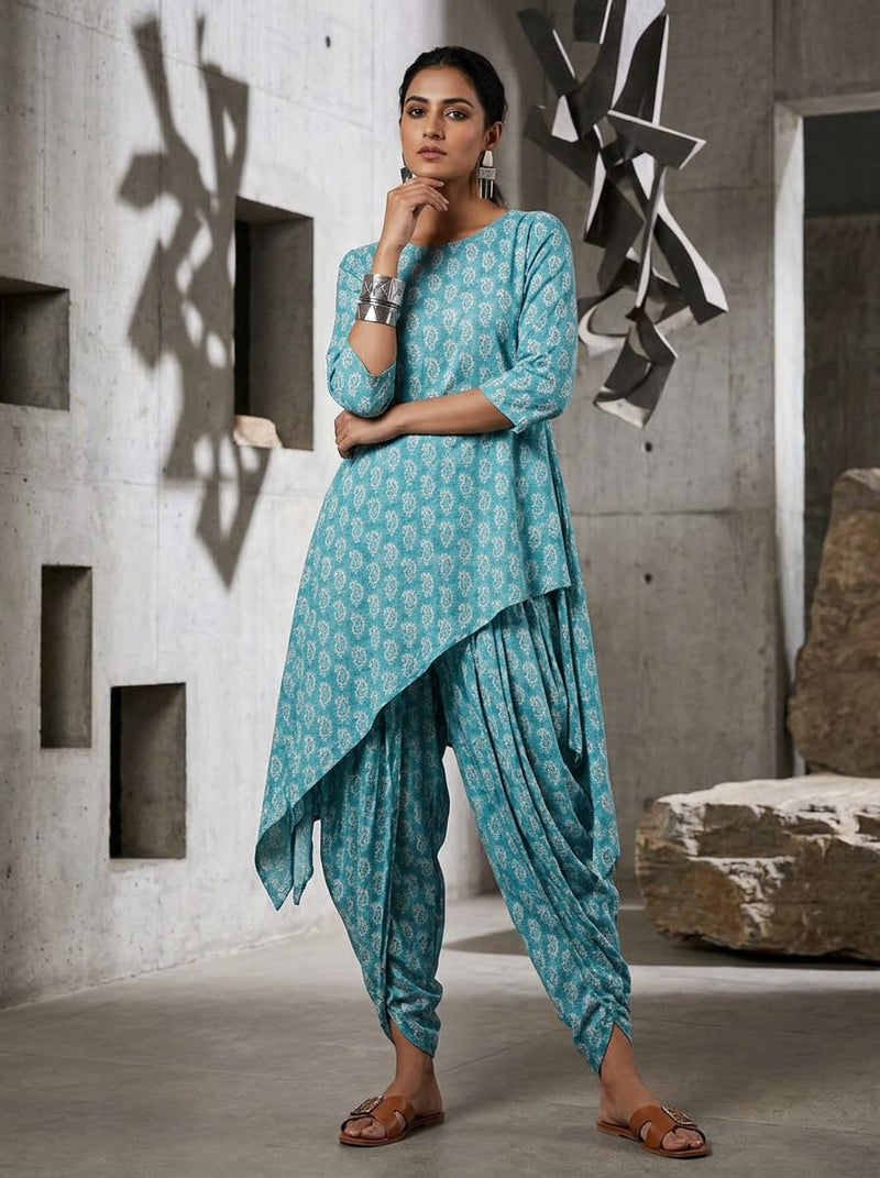 Teal Small Ethnic Paisley Rayon Digital Printed Fabric