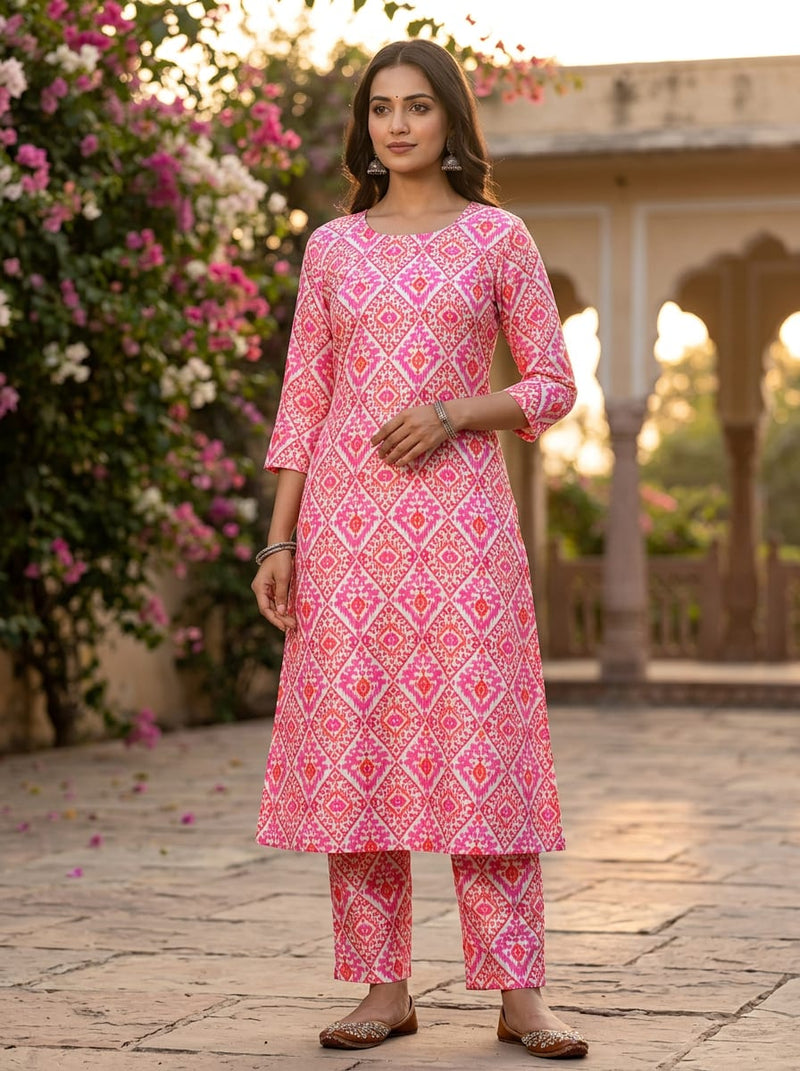 Pink Ethnic Ikat Geometric Pattern Kora Silk Digital Printed Fabric