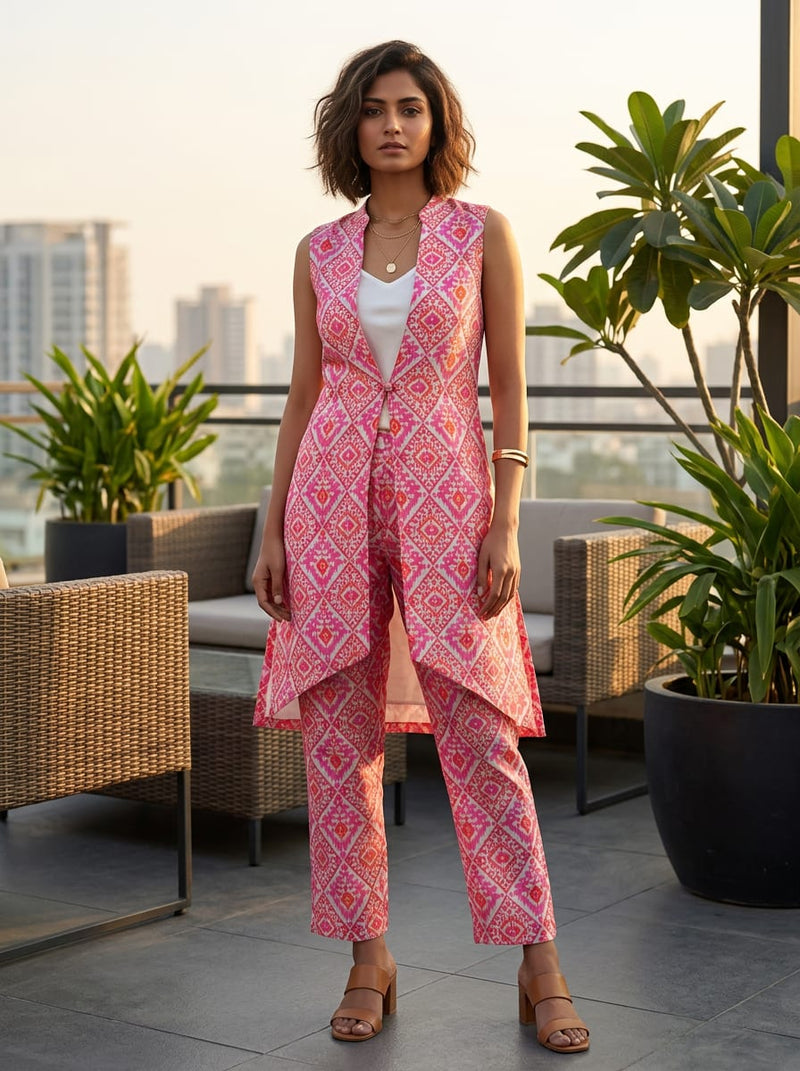 Pink Ethnic Ikat Geometric Pattern Kora Silk Digital Printed Fabric
